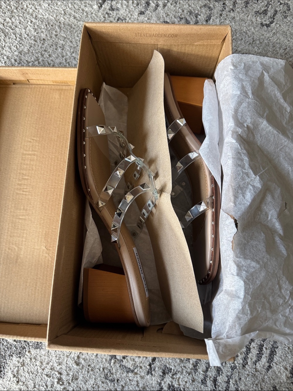 Steve Madden Nude and Clear Studded Block Heel Slides - Picture 8 of 8